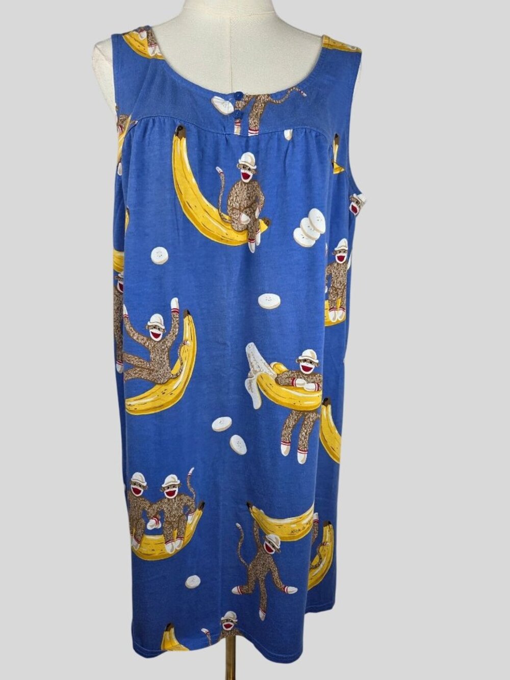 RARE Nick & Nora Sock Monkey Banana Nightgown Sz L Sleeveless Blue Vintage Funky